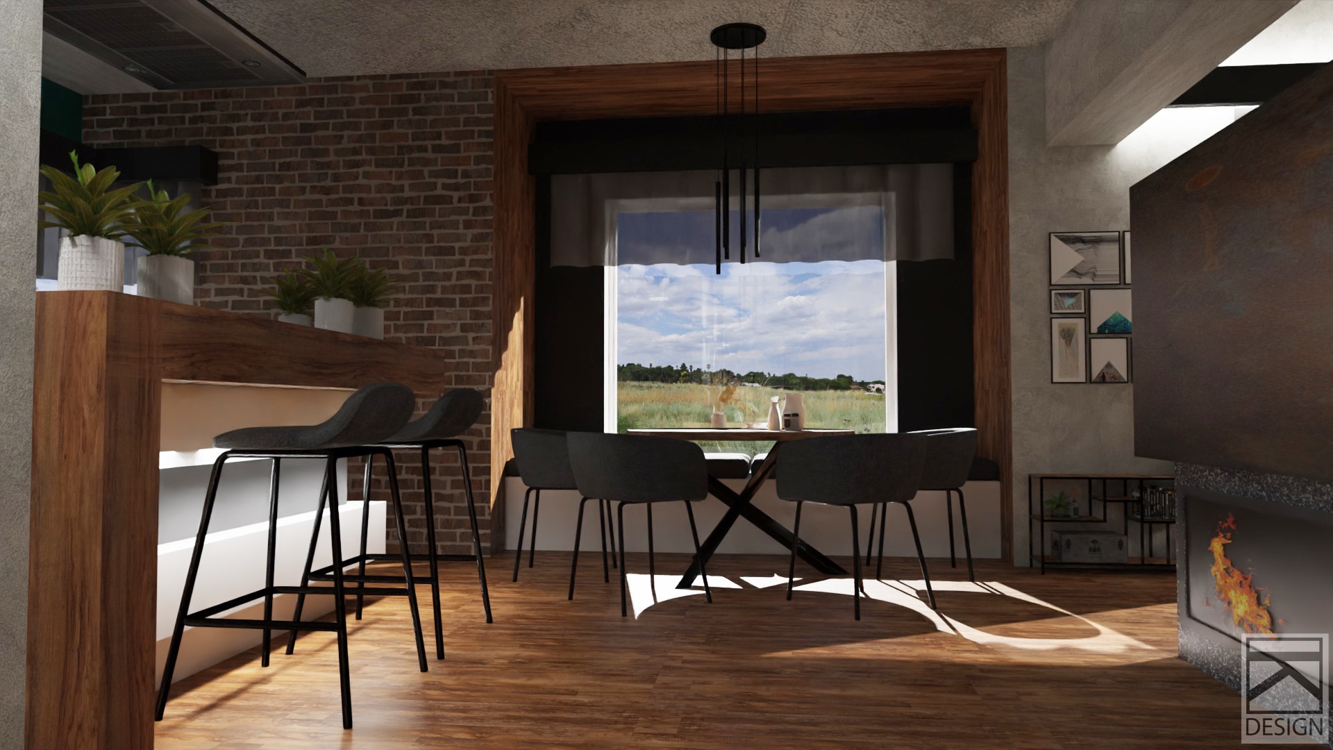 Loftowe wnętrze z ceglaną ścianą, drewnianą podłogą i barem z hokerami, okno z widokiem na krajobraz, nowoczesny stół z krzesłami i wisząca lampa.