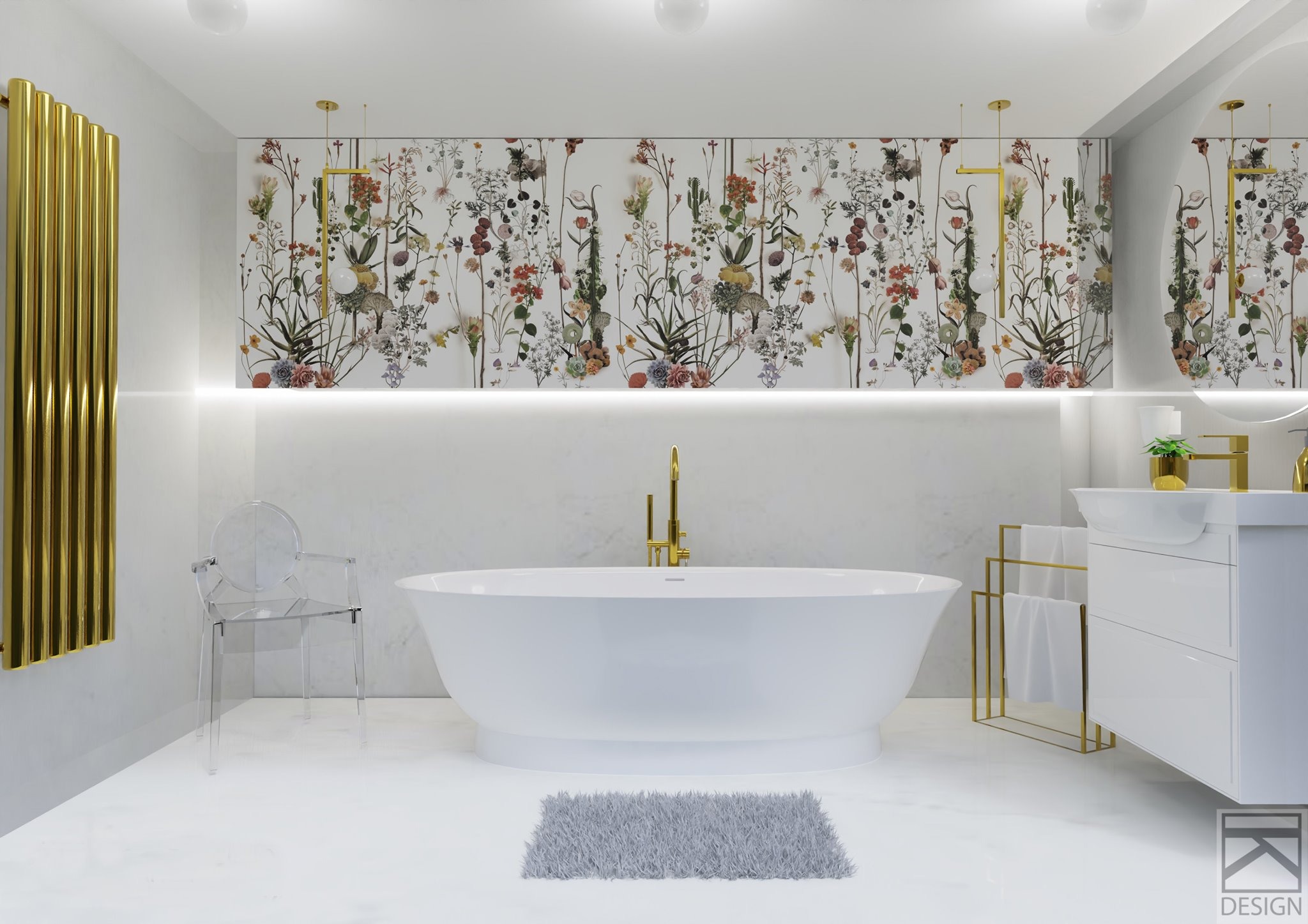 Nowoczesna łazienka z wolnostojącą białą wanną, złotą armaturą, grzejnikiem w kolorze złota, transparentnym krzesłem oraz ścianą z motywem kwiatowym.