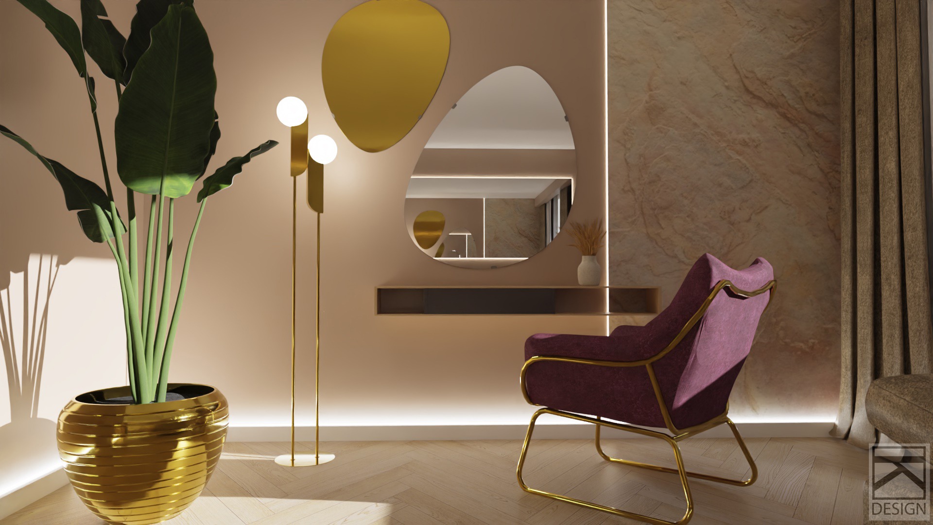 Elegancki salon w odcieniach beżu i brązu z elementami złota: duża roślina w złotej donicy, lustro o nieregularnym kształcie, designerski fotel w kolorze fuksji na złotym stelażu, oświetlenie LED...