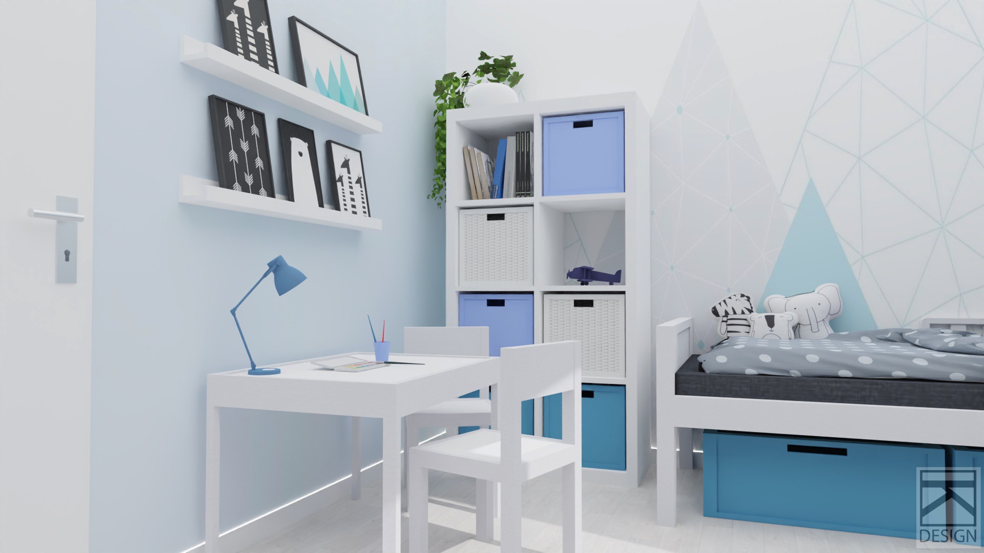 Pokój dziecięcy w odcieniach błękitu i bieli z białymi meblami: biurko z lampką, regał z pojemnikami, łóżko z pościelą w kropki i dekoracyjnymi poduszkami, ściana z geometrycznym wzorem.