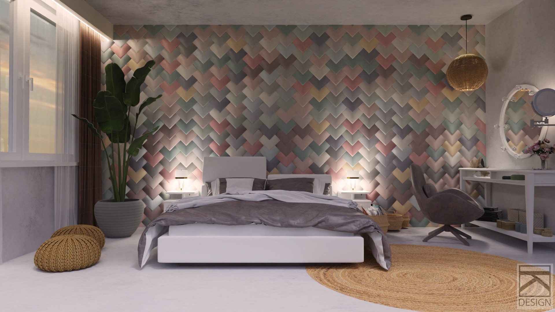 Sypialnia w stylu boho z pastelową ścianą z płytek w kształcie strzałek, rattanową lampą i okrągłym dywanem z juty.