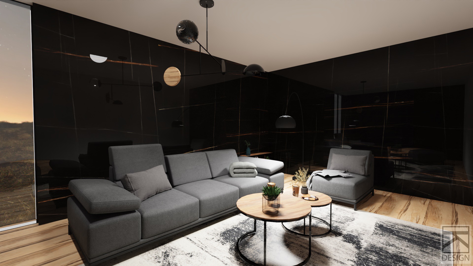 Wizualizacja salonu z szarą sofą, okrągłymi stolikami kawowymi i czarnymi płytkami wielkoformatowymi Sahara Noir Ultra Marmi na ścianach.