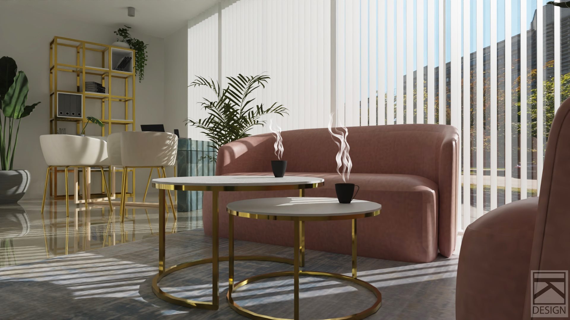 Wizualizacja biura z dwoma filiżankami gorącej kawy na okrągłych stolikach z białymi blatami i złotymi nogami, różowa sofa, białe żaluzje i rośliny doniczkowe w tle, złoty regał z dokumentami po...