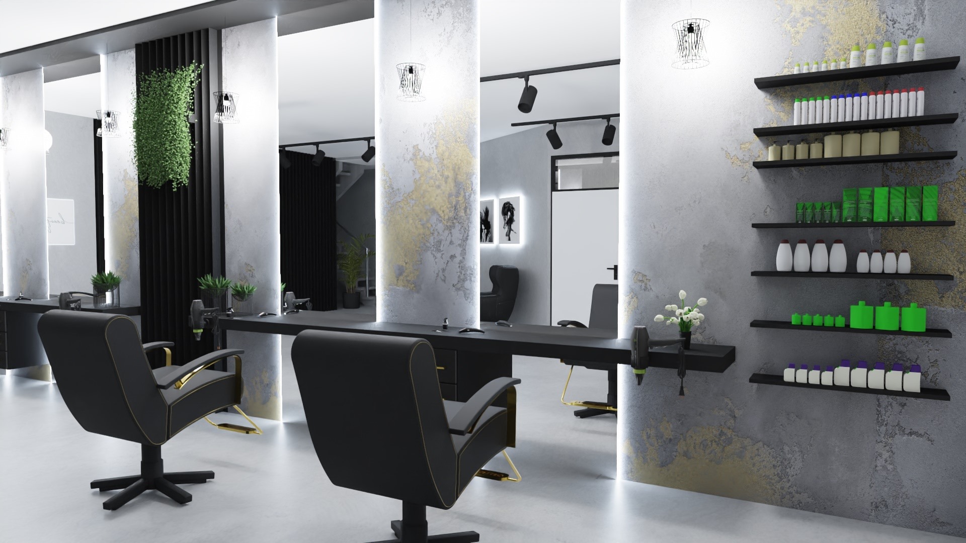 Nowoczesny projekt salonu fryzjerskiego w Łodzi: czarne fotele z złotymi akcentami, minimalistyczne stanowiska pracy z dużymi lustrami podświetlanymi pionowymi lampami, dekoracyjna ściana z półkami...