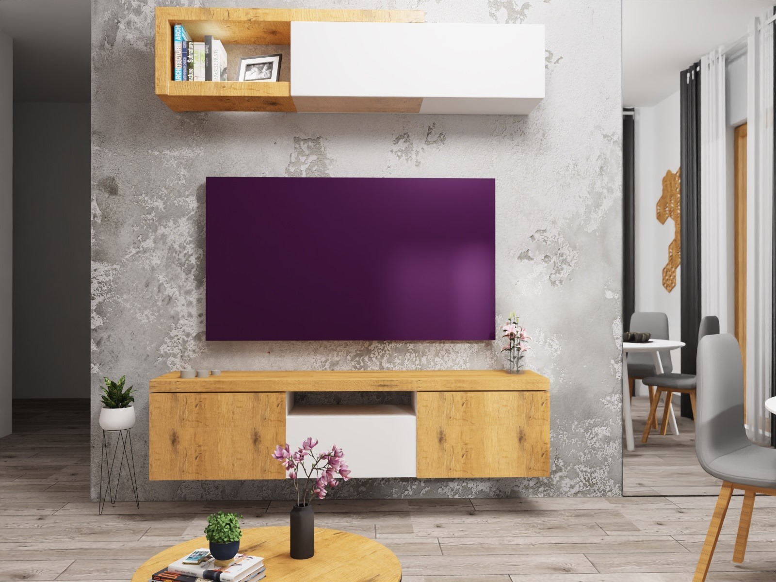 Nowoczesny salon z fioletowym ekranem na ścianie o fakturze betonu, drewnianą szafką RTV, wiszącą półką z książkami i stolikiem kawowym z dekoracjami roślinnymi.