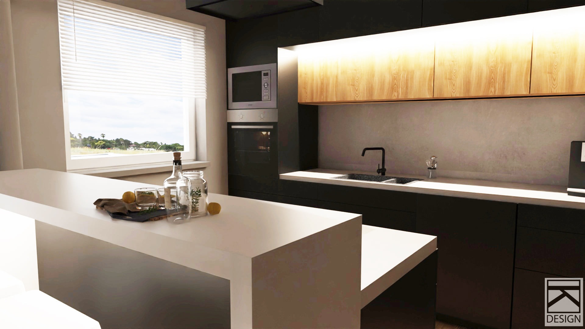 Wizualizacja nowoczesnej kuchni z czarnymi szafkami, drewnianymi górnymi szafkami podświetlonymi od spodu, białym blatem z dekoracjami (butelka, słoiki, cytryny), oknem z żaluzjami i wbudowanym...