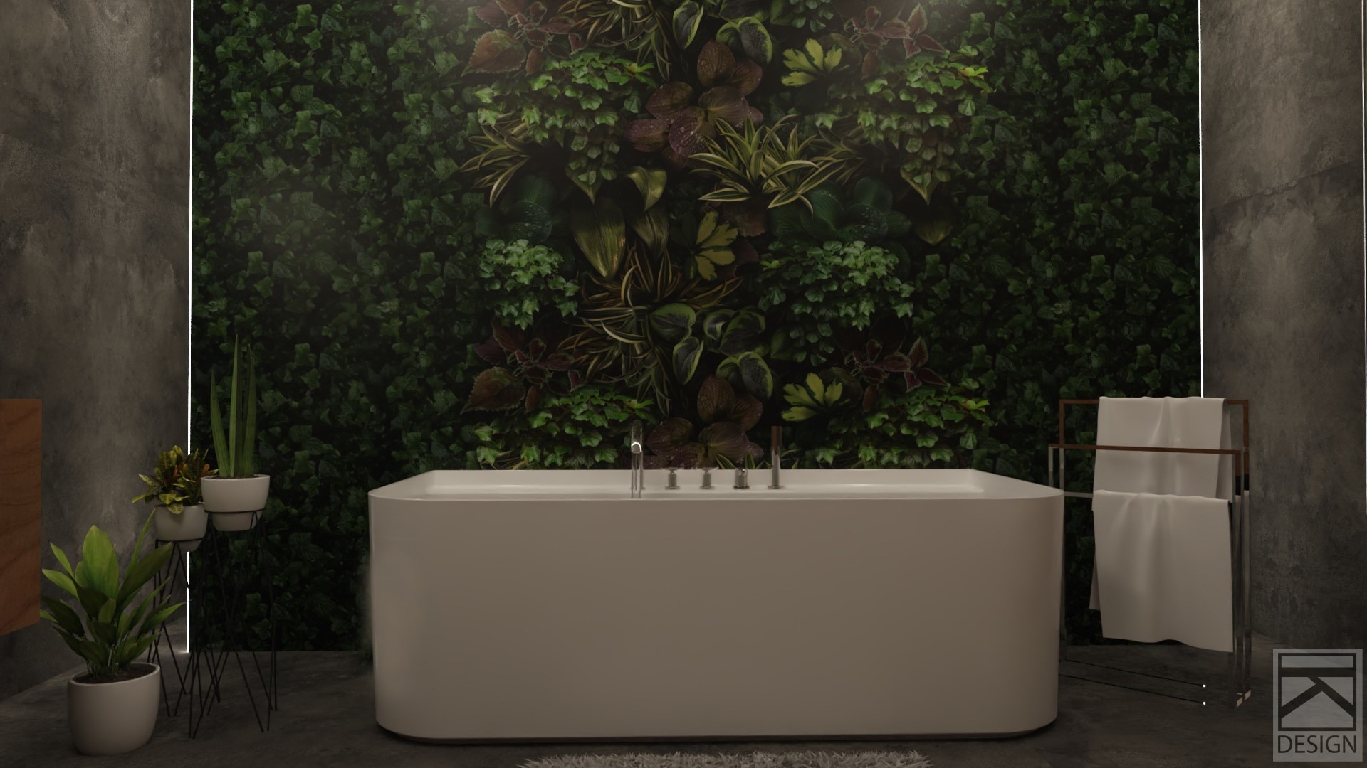 Nowoczesna łazienka z wolnostojącą wanną na tle ściany z zielenią, minimalistyczne baterie wannowe, ręczniki na metalowym stojaku, doniczki z roślinami na metalowych podstawkach.