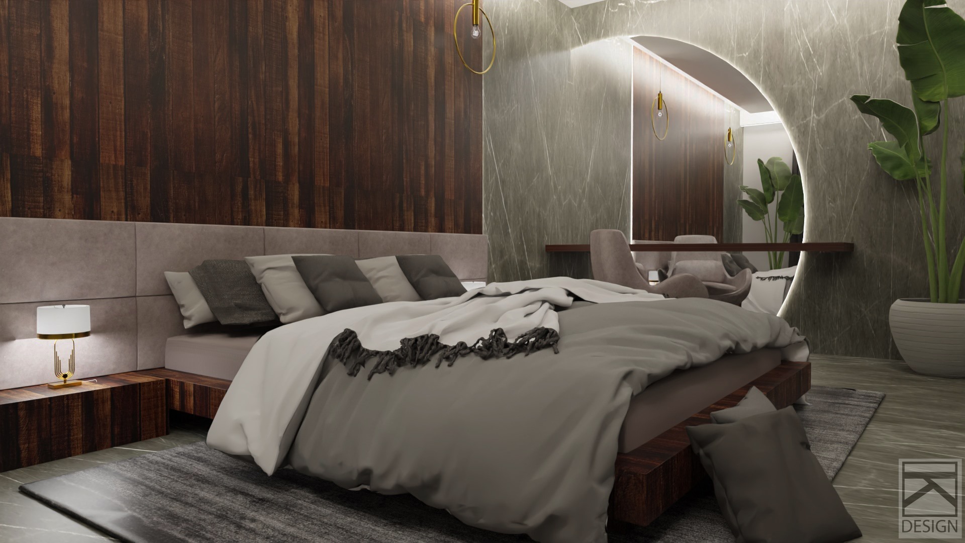 Aranżacja sypialni w ciemnych kolorach z drewnianą ścianą, szarą pościelą i okrągłym lustrem z podświetleniem LED, uzupełniona rośliną doniczkową i lampką nocną z elementami złota.