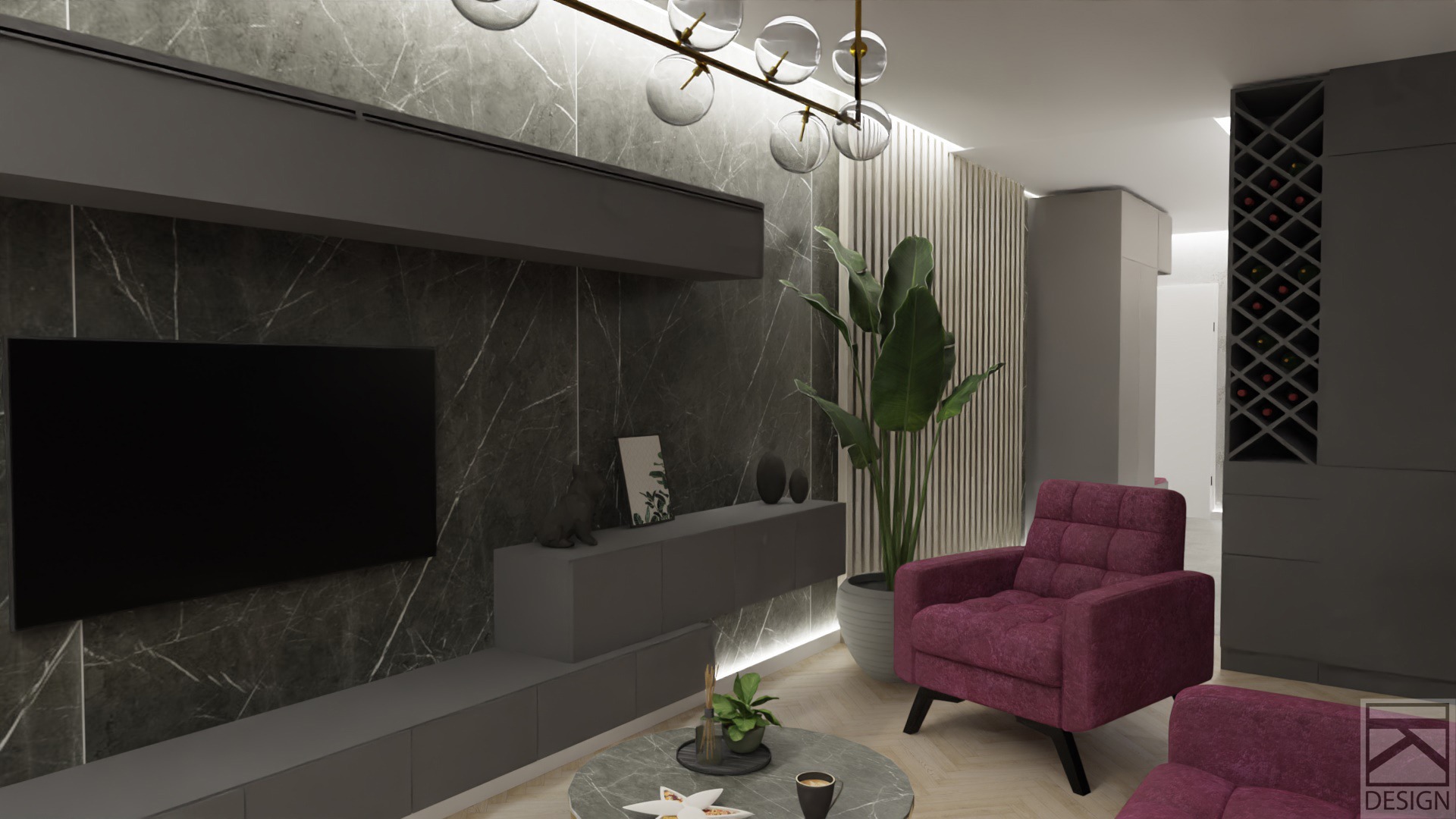 Salon z ciemną marmurową ścianą, szarą zabudową meblową, fuksjowym fotelem i okrągłym stolikiem kawowym z marmurowym blatem, oświetlony nowoczesną lampą wiszącą