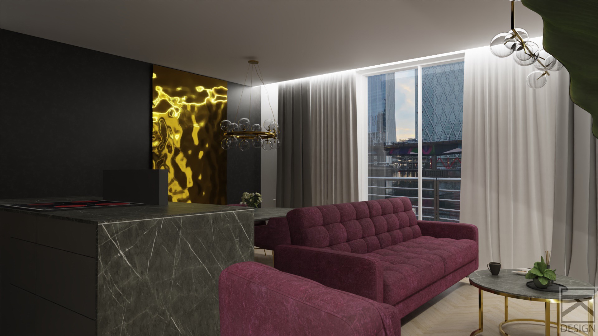 Salon z aneksem kuchennym i jadalnią w ciemnych kolorach z marmurowym blatem, złotymi akcentami i widokiem na miasto za oknem.