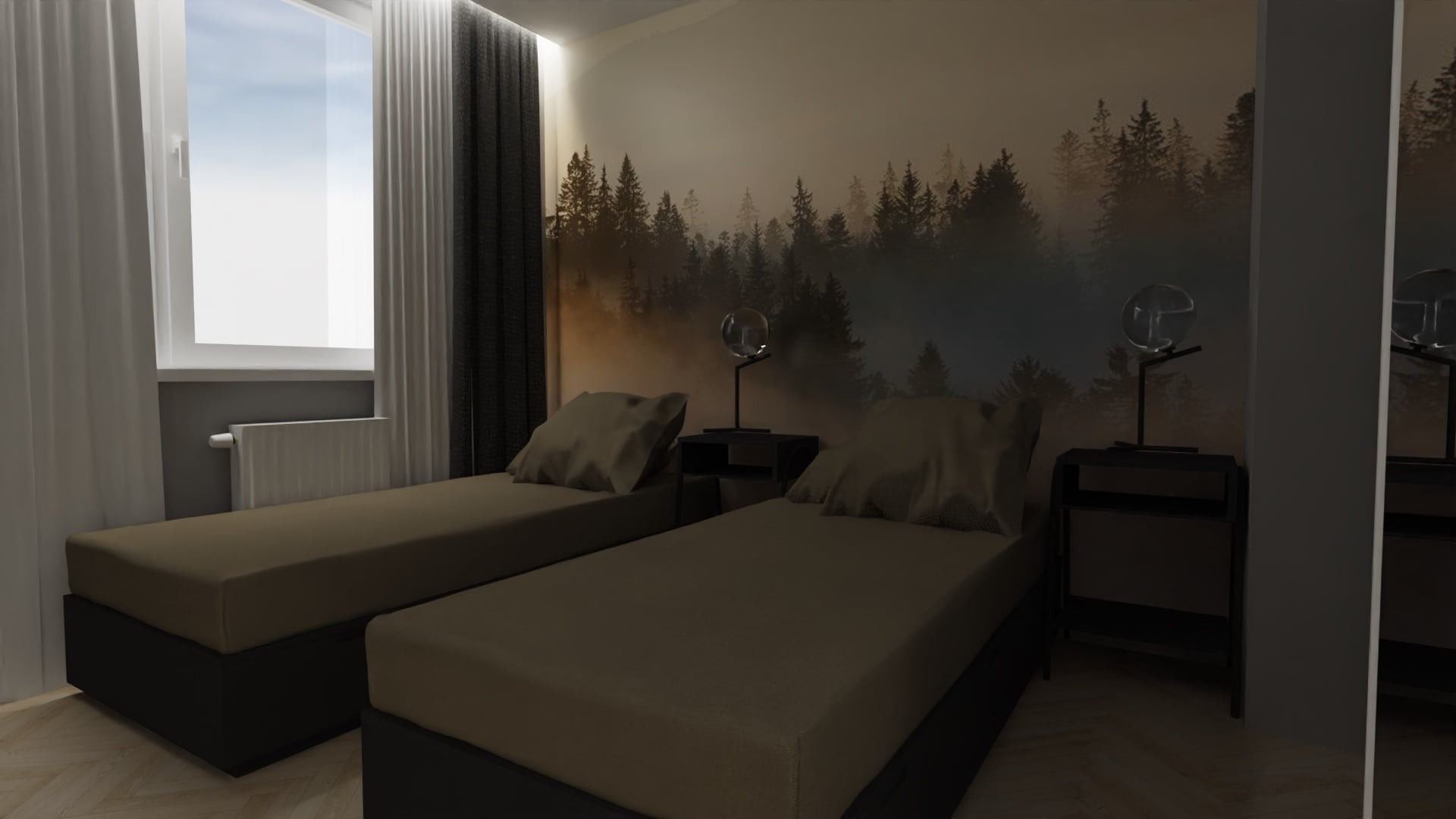 Pokój z dwoma łóżkami pojedynczymi na czarnych platformach, tapeta z motywem lasu, okno z białymi i grafitowymi zasłonami, lampki nocne z przezroczystymi kulami.