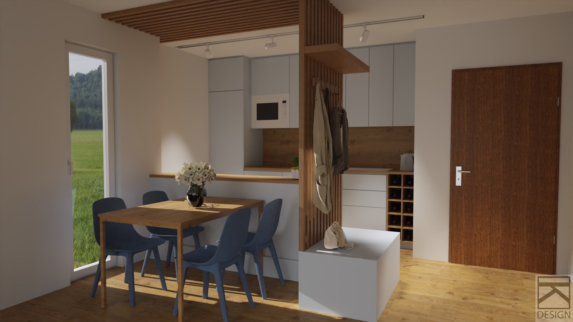 Wizualizacja kuchni z jadalnią, jasne szafki, drewniany blat, stół z niebieskimi krzesłami, dekoracyjna ścianka działowa z wieszakami i pufą, widok na zielony krajobraz za oknem.