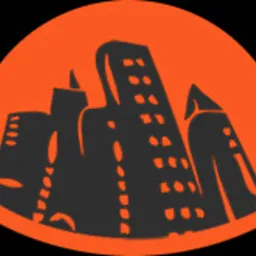 Stylizowany, czarno-pomarańczowy symbol przedstawiający grupę budynków o nieregularnych kształtach, umieszczony w pomarańczowym półokręgu na czarnym tle.