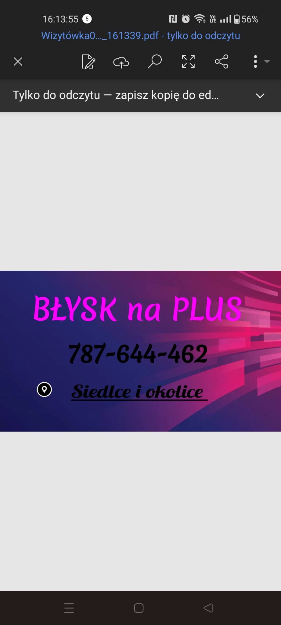 Wizytówka firmy sprzątającej 'Błysk na PLUS' z numerem telefonu 787-644-462 i informacją o obszarze działania: Siedlce i okolice. Fioletowo-różowa kolorystyka.