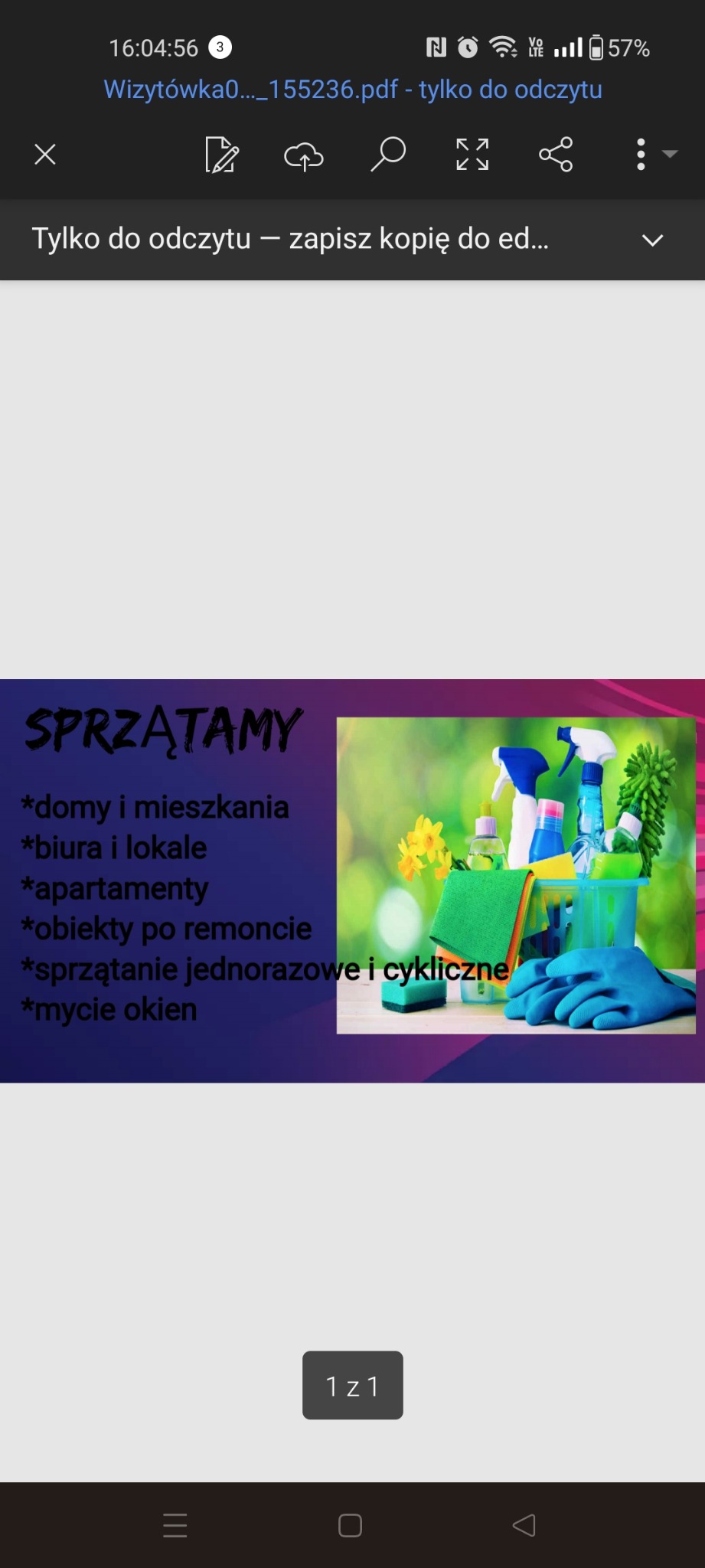 Grafika reklamowa usług sprzątania: domów, biur, apartamentów, po remoncie, jednorazowo i cyklicznie, mycie okien. Środki czystości, ściereczki i rękawice na zielonym tle.