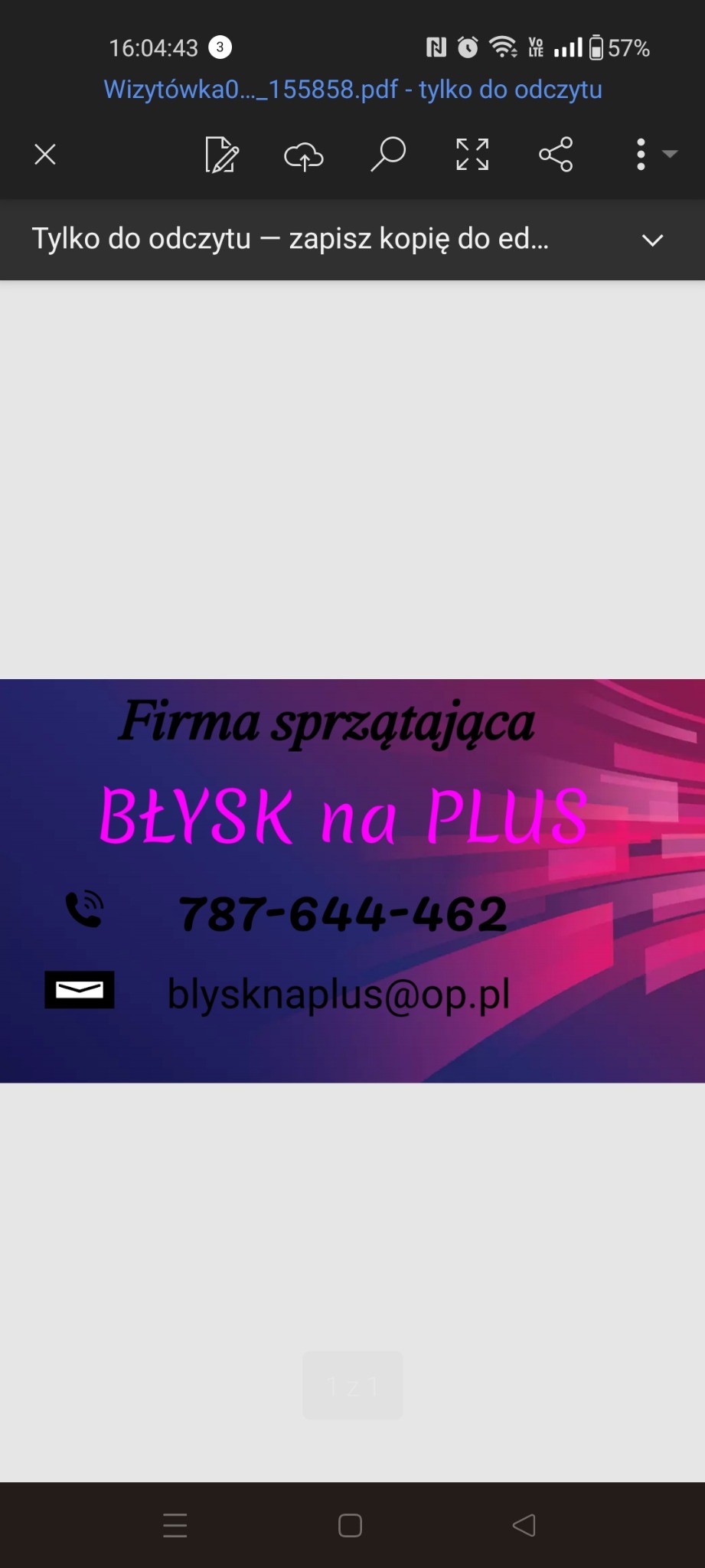 Wizytówka firmy sprzątającej 'Błysk na Plus' z Siedlec. Kontakt: 787-644-462, blysknaplus@op.pl. Fioletowo-różowe tło z dynamicznymi liniami.