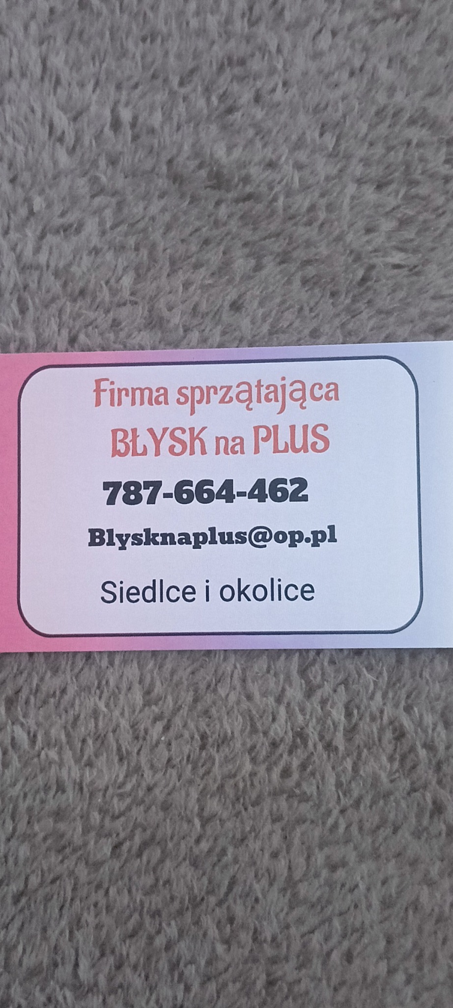 Wizytówka firmy sprzątającej 'Błysk na Plus' z Siedlec i okolic, z numerem telefonu i adresem e-mail, leżąca na szarym, teksturowanym tle.