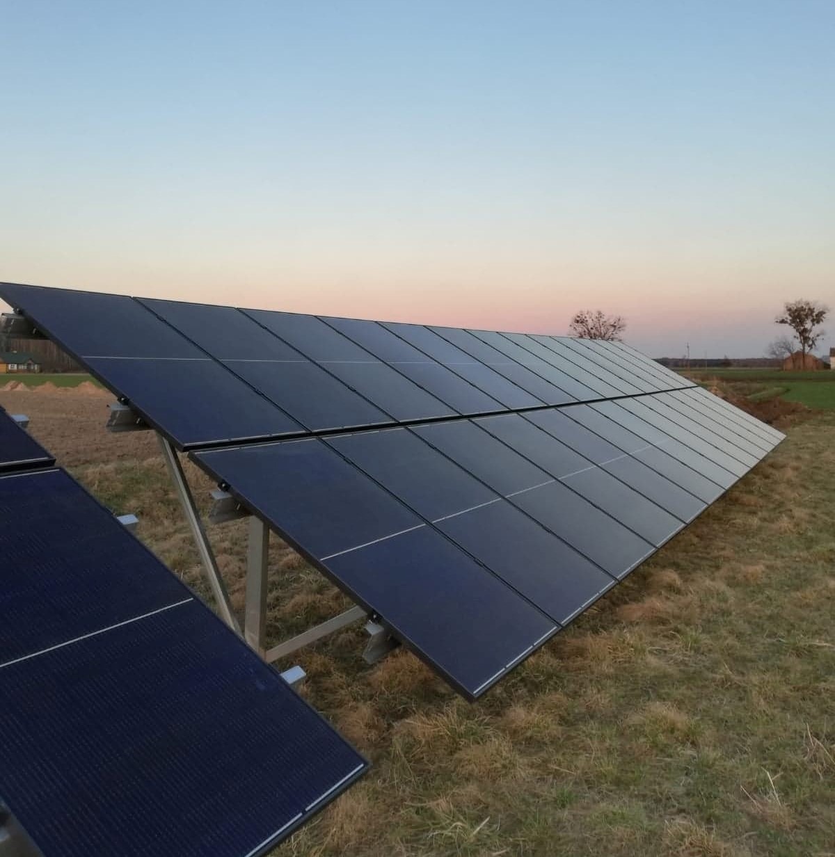 Rząd paneli fotowoltaicznych na metalowej konstrukcji, ustawiony na polu z uschniętą trawą, w tle drzewa i delikatne różowe niebo o zmierzchu.