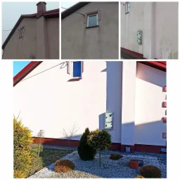 Elewacja budynku przed i po odświeżeniu, widoczne różnice w czystości na różnych fragmentach ściany, zieleń ozdobna w ogrodzie.