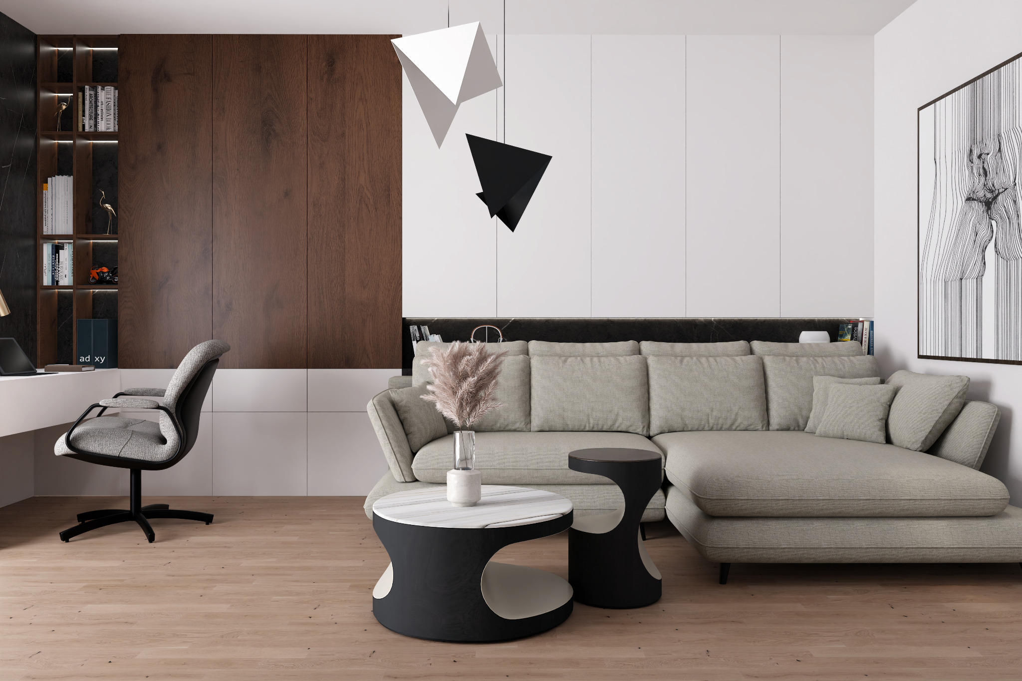 Wizualizacja salonu z szarą sofą narożną, marmurowym stolikiem kawowym, geometrycznymi lampami wiszącymi i biurkiem z krzesłem obrotowym w Rzeszowie.