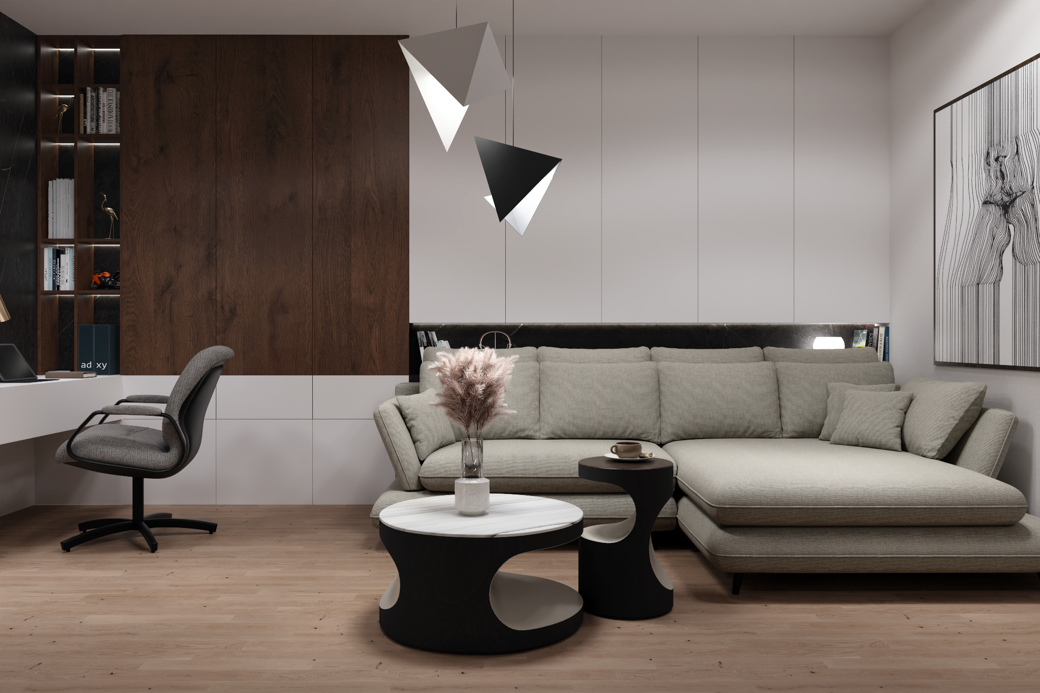 Nowoczesny salon w neutralnych barwach z szarą sofą narożną, marmurowym stolikiem kawowym z suszonymi trawami w wazonie, geometrycznymi lampami wiszącymi i biurkiem z krzesłem w tle.
