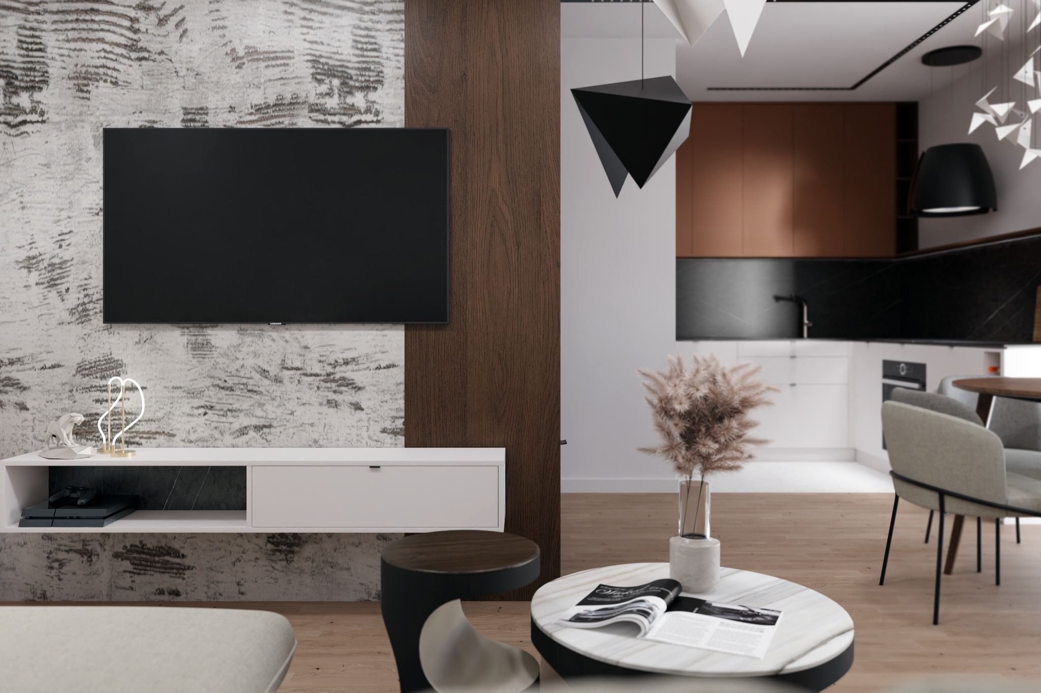 Nowoczesny salon z telewizorem na ścianie z efektem betonu, białą szafką RTV z dekoracyjną lampką, stolikiem kawowym z marmurowym blatem i suszonymi trawami w wazonie oraz widokiem na kuchnię...