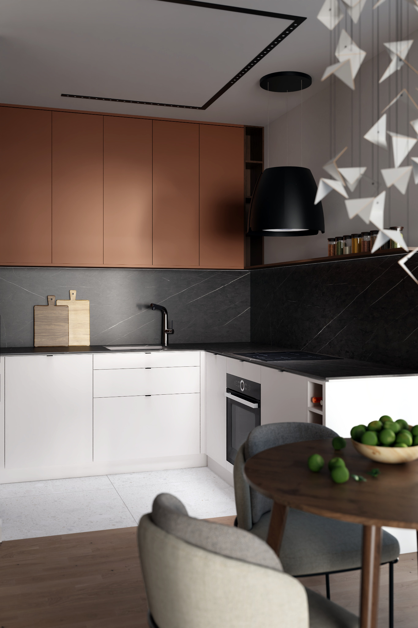Wizualizacja kuchni z miedzianymi szafkami górnymi, czarnym blatem z marmurowym wzorem, białymi szafkami dolnymi, drewnianymi deskami do krojenia, czarnym okapem i drewnianym stołem z limetkami...