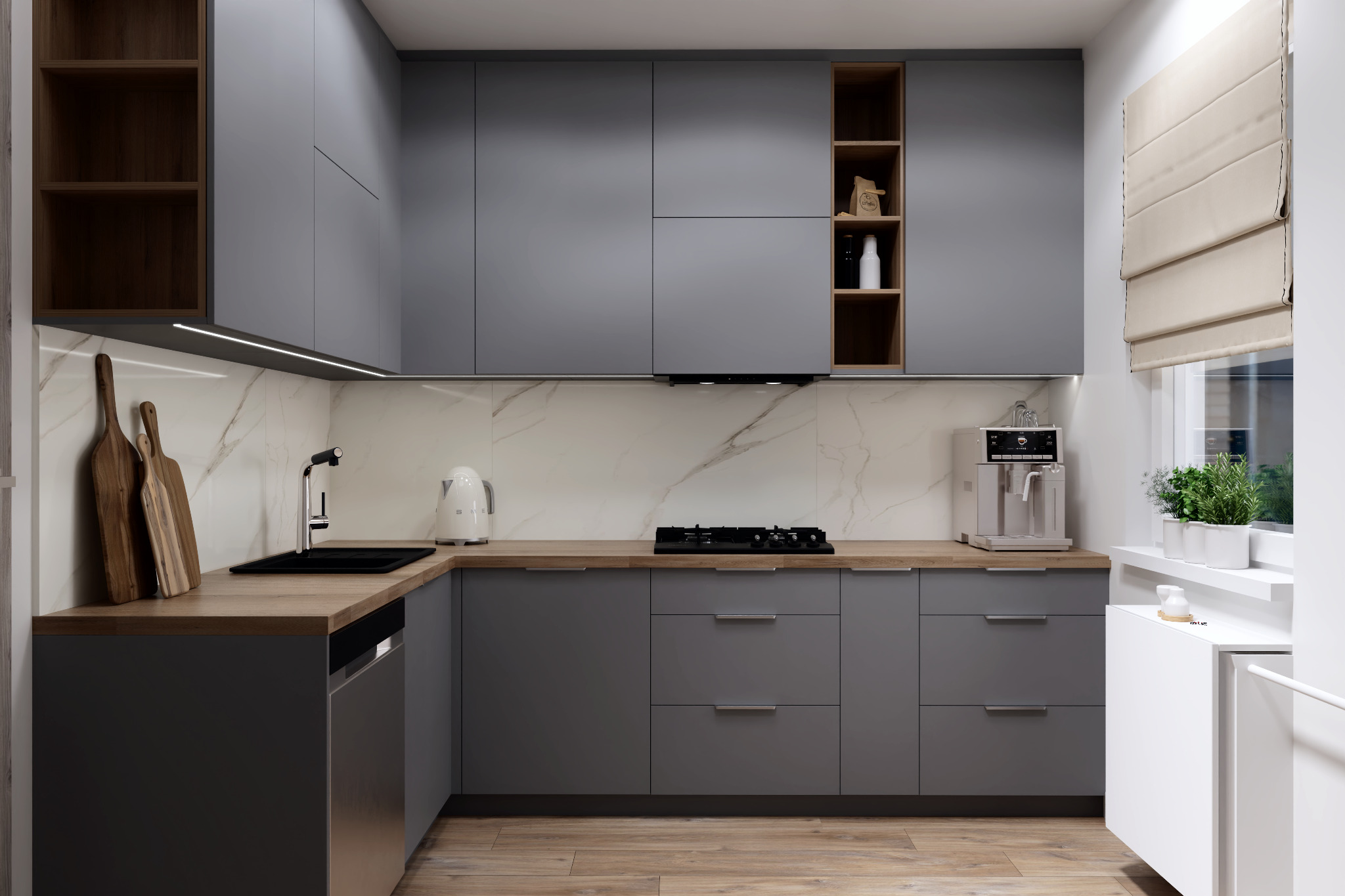 Szara kuchnia w stylu minimalistycznym z drewnianym blatem, marmurowym backsplashiem i drewnianymi półkami, ekspres do kawy i zioła w doniczce przy oknie.