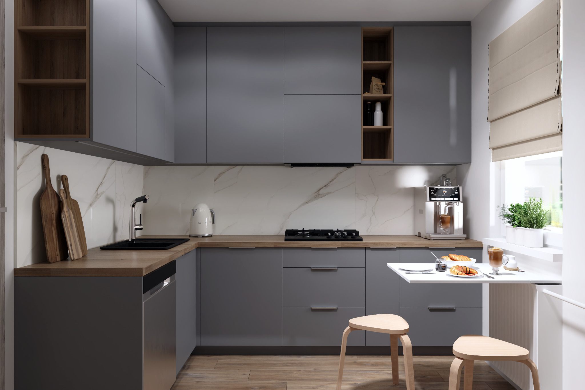 Szare meble kuchenne z drewnianym blatem i marmurowym backsplash w Rzeszowie. Na stole śniadanie: rogaliki i kawa, a w tle ekspres do kawy i zioła w doniczkach.