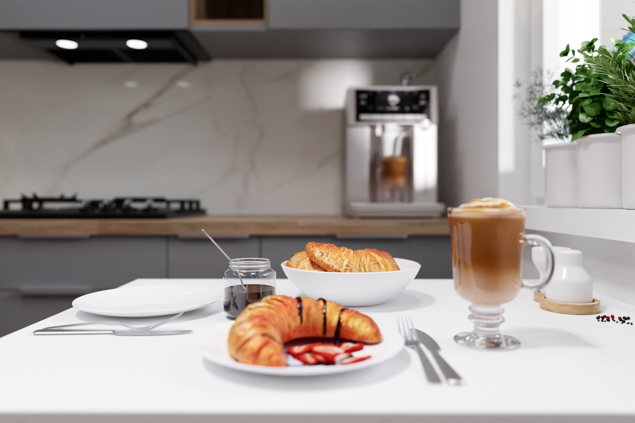 Nowoczesna kuchnia w szarościach z marmurowym blatem i drewnianymi akcentami. Na pierwszym planie śniadanie: croissant z dżemem i truskawkami, kawa latte w szklance na nóżce. W tle ekspres do kawy...