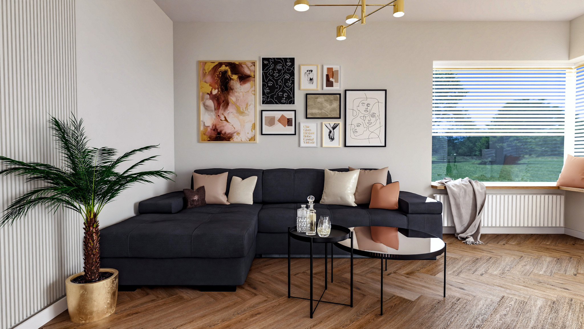 Salon z narożną sofą w odcieniach szarości, drewnianą podłogą w jodełkę, palmą w złotej donicy i galerią obrazów na ścianie.