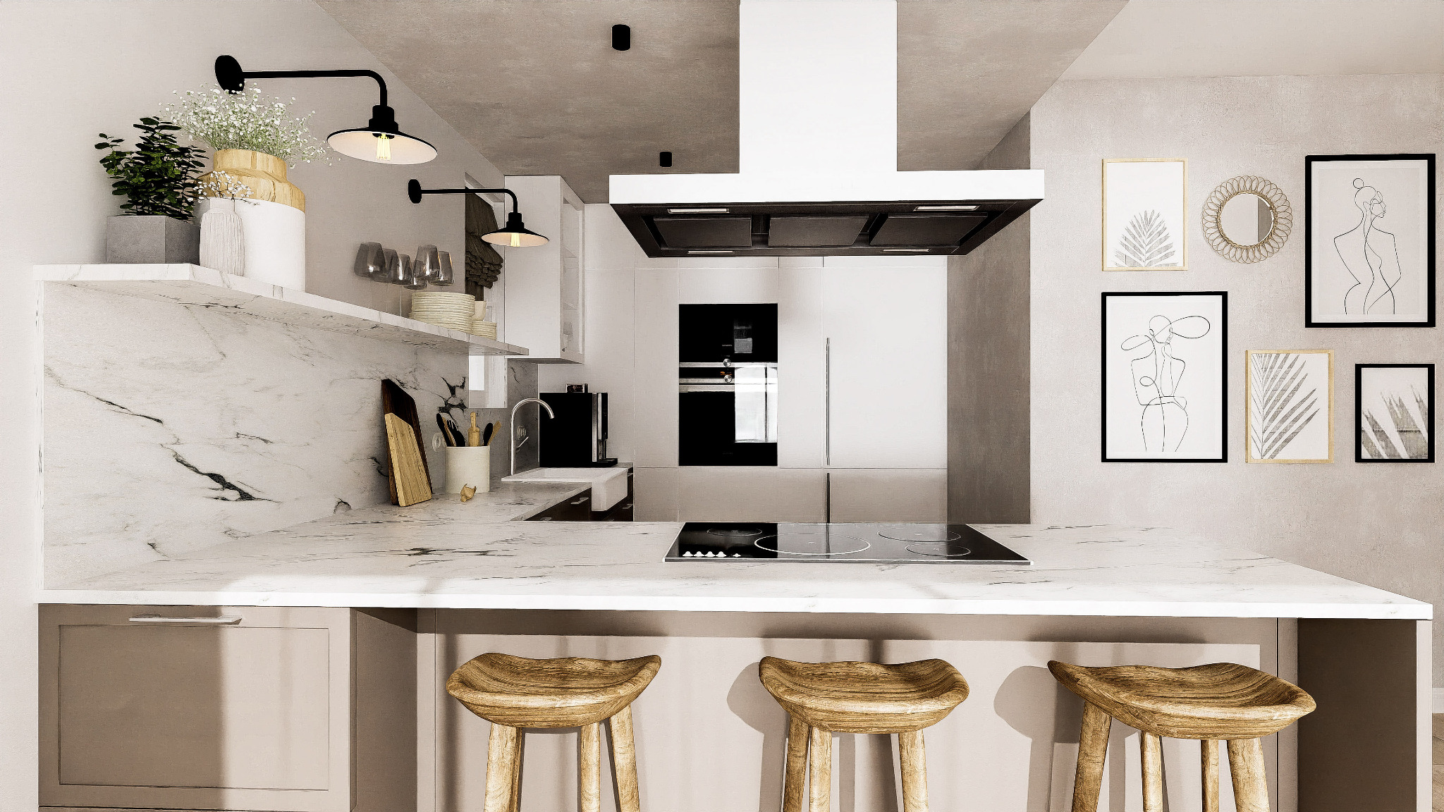 Nowoczesna, minimalistyczna kuchnia w Rzeszowie z marmurowym blatem, drewnianymi stołkami barowymi i galerią abstrakcyjnych obrazów na ścianie.