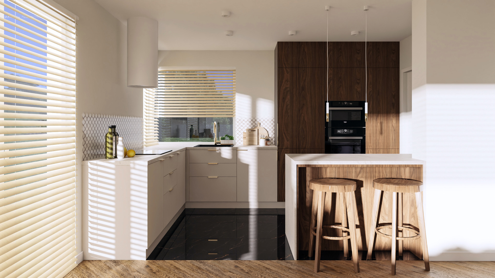 Nowoczesna kuchnia z beżowymi szafkami, drewnianą zabudową, marmurową podłogą i wyspą z dwoma drewnianymi stołkami barowymi.