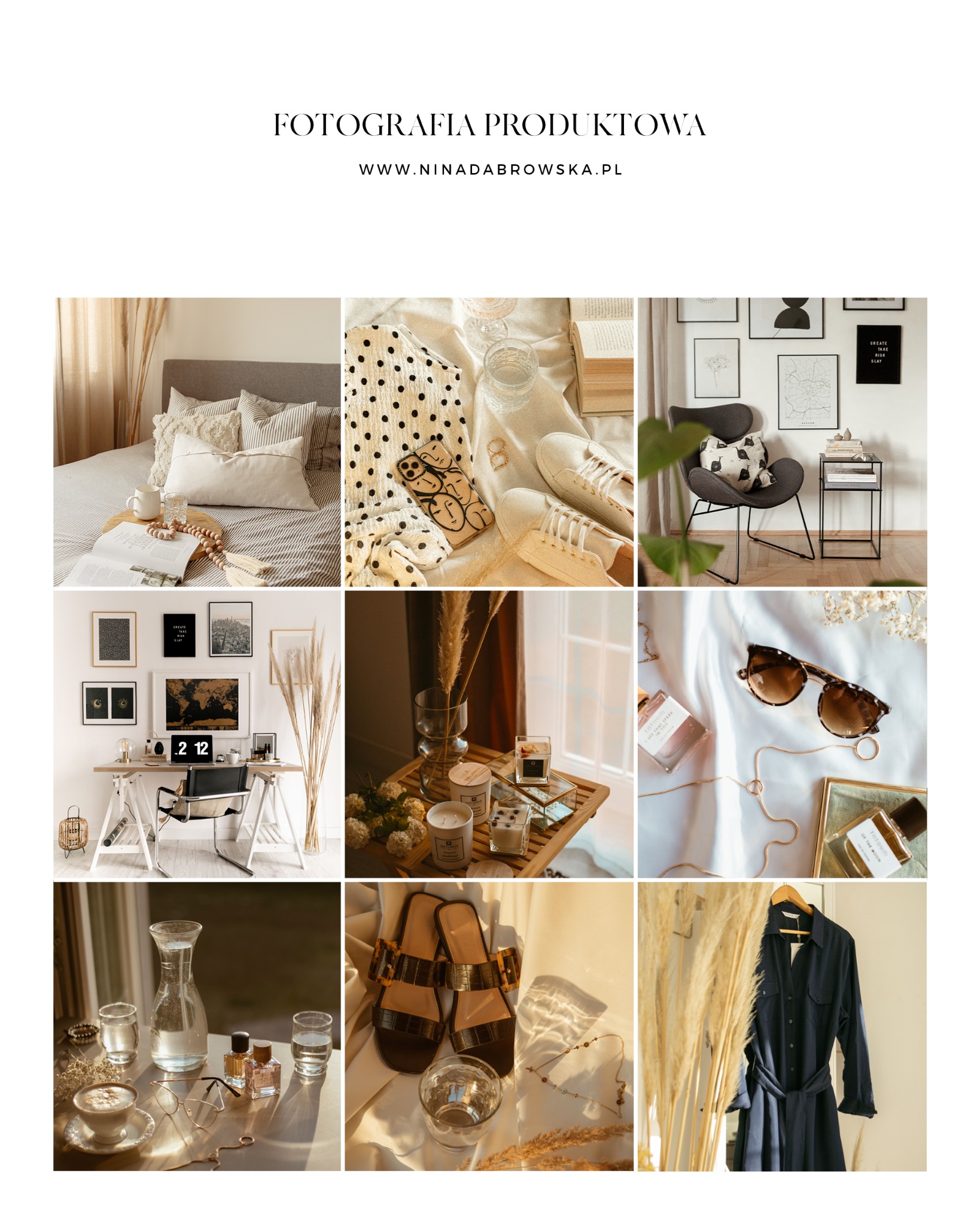 Zestawienie dziewięciu kadrów z aranżacjami wnętrz i detali: łóżko z poduszkami, biurko z komputerem, krzesło z poduszką, ubrania, buty, perfumy, szklanki z wodą, dekoracje, suszone trawy, świece...
