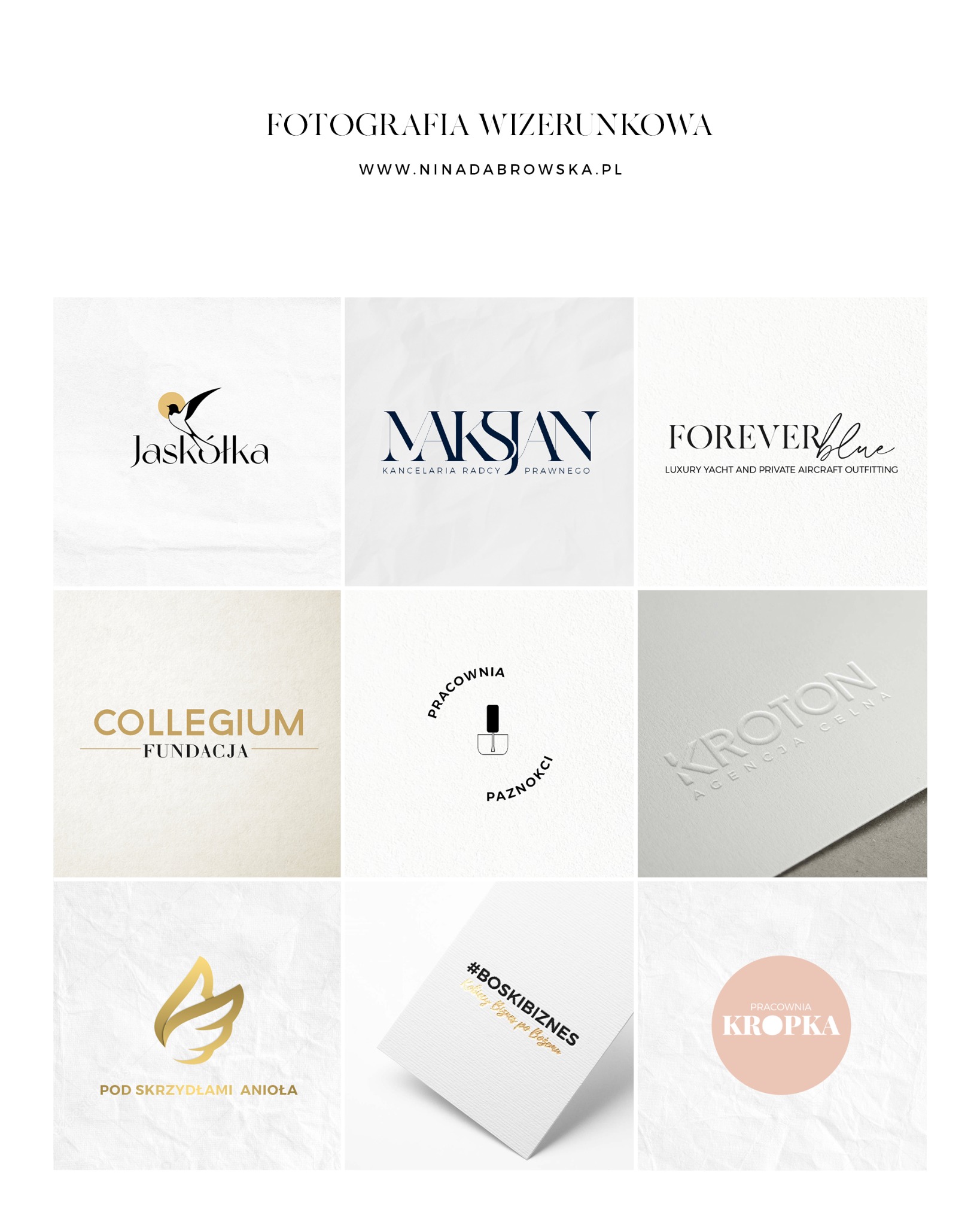 Kompilacja dziewięciu minimalistycznych logo firmowych na białym tle, prezentująca różne style i branże, od kancelarii radcy prawnego po pracownię paznokci.