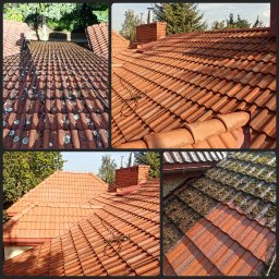 MISJA OCZYSZCZANIE - Mozaika zdjęć przedstawiająca dachówkę ceramiczną przed i po czyszczeniu, z widocznym mchem i porostami na części dachu oraz czystą, czerwoną dachówką na pozostałych fragmentach, w tle drzewa i komin.
