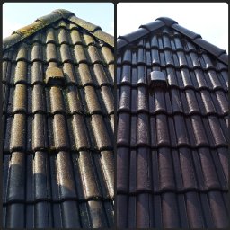 MISJA OCZYSZCZANIE - Porównanie dachu przed i po czyszczeniu, widoczne różnice w kolorze i usunięcie mchu oraz zabrudzeń.