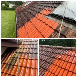 Częściowo umyty, czerwony dach z dachówki ceramicznej. Widoczna różnica między czystą, a zabrudzoną mchem powierzchnią. Po lewej stronie widok na zielony trawnik.