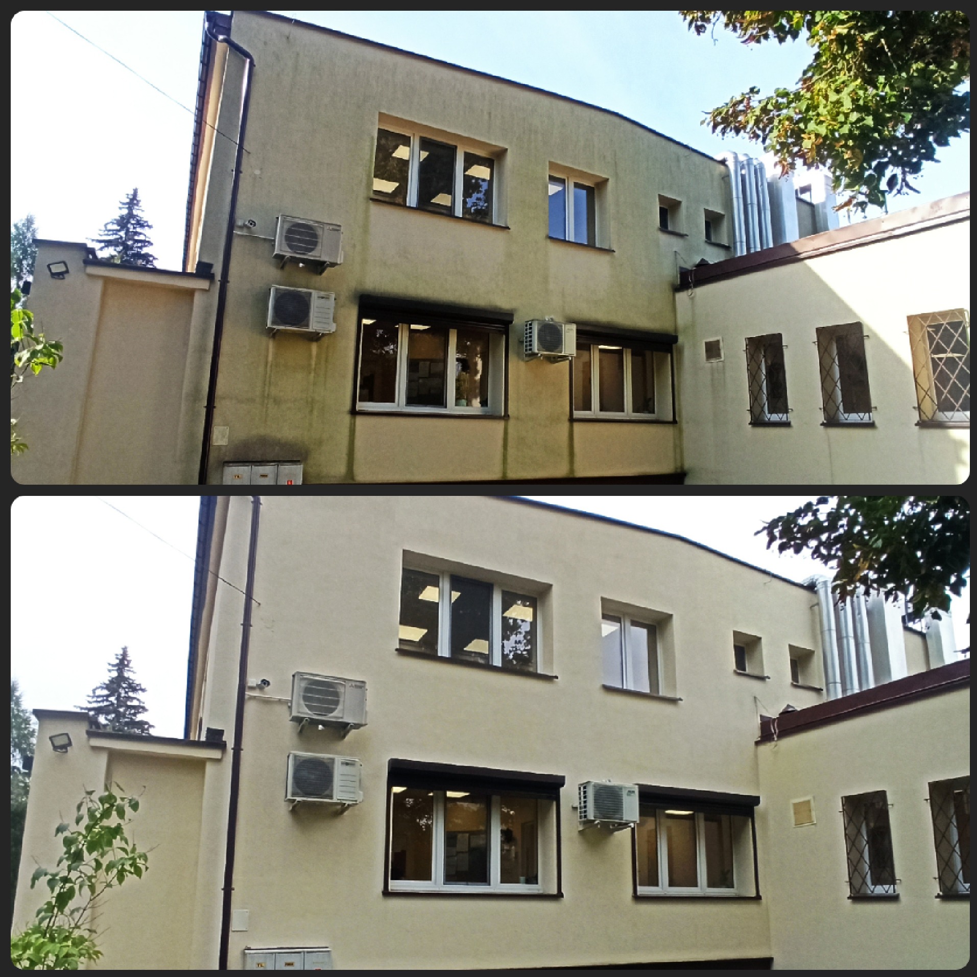 Porównanie elewacji budynku przed i po umyciu, widoczne różnice w czystości ścian, klimatyzatory na ścianie, okna z roletami i kratami.