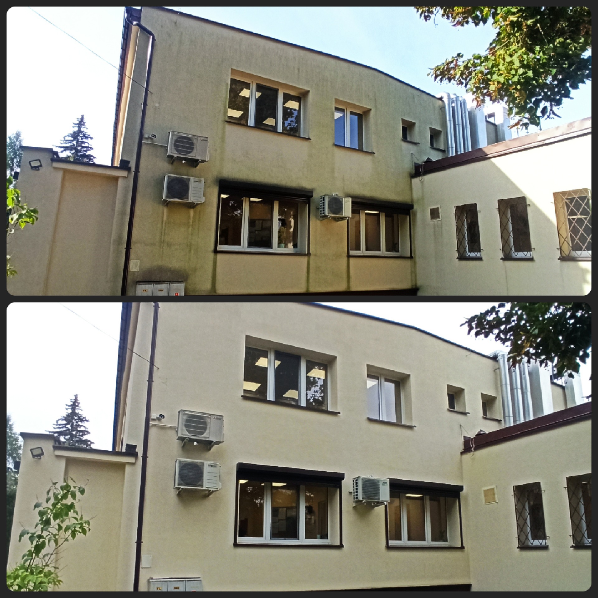 Zdjęcie typu 'przed i po' przedstawiające budynek z beżową elewacją, po lewej stronie widoczny fragment elewacji przed czyszczeniem, po prawej po czyszczeniu, widoczne okna z roletami...