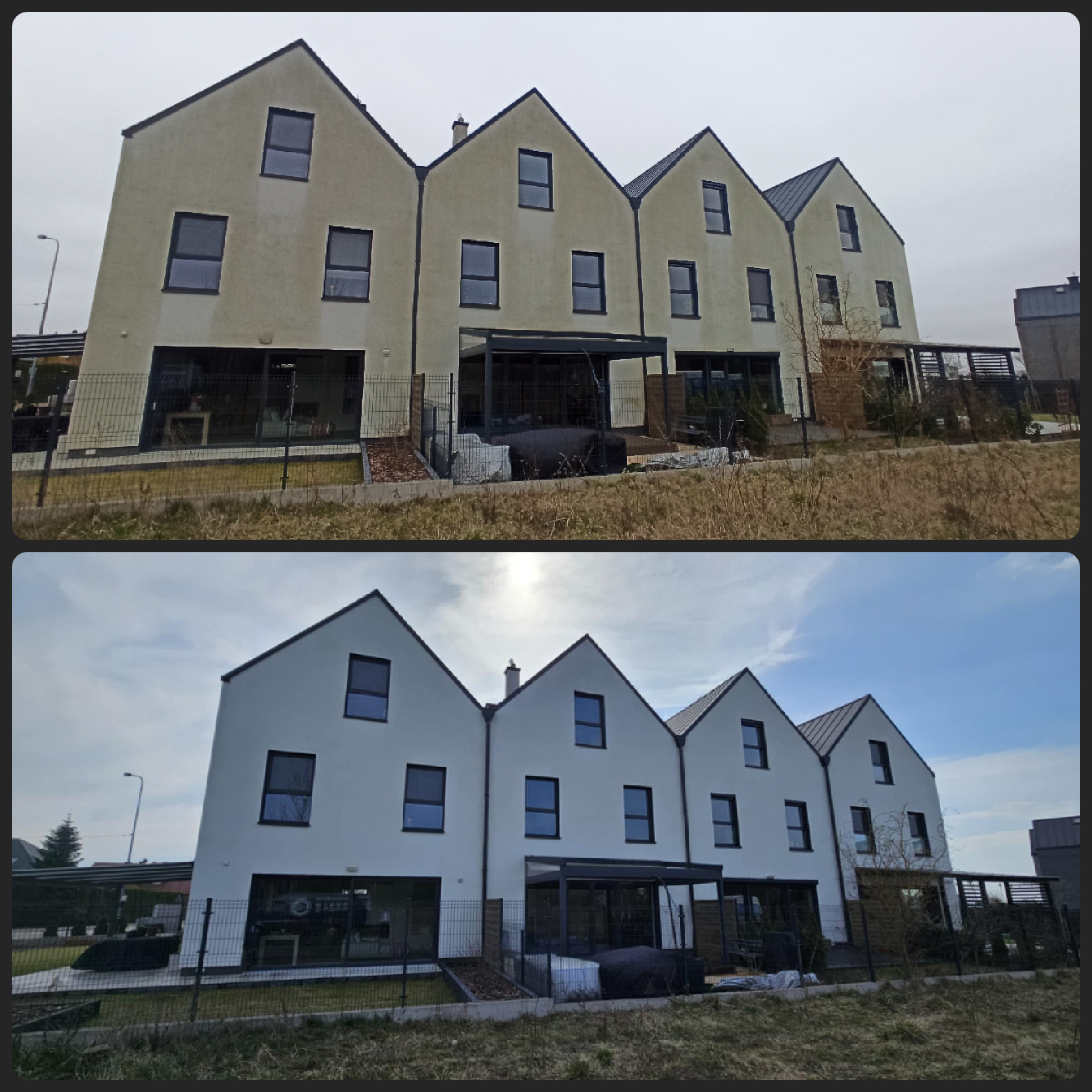 Kompleksowe mycie elewacji domów w zabudowie szeregowej.