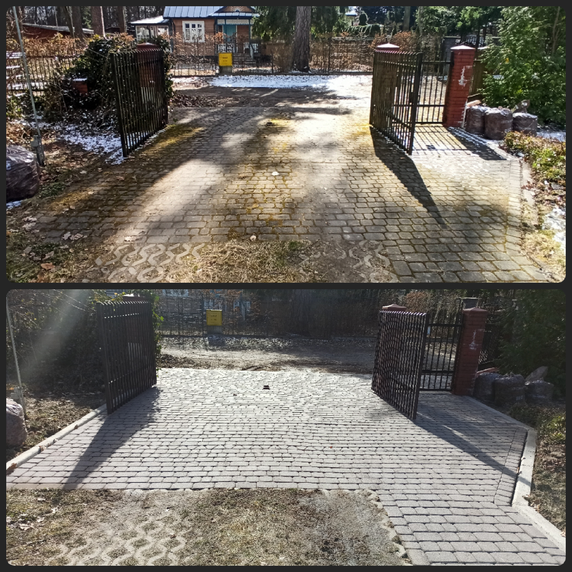 Zdjęcie 'przed i po' czyszczenia kostki brukowej na podjeździe z otwartą bramą w tle, ukazujące wyraźną różnicę w czystości i wyglądzie nawierzchni.