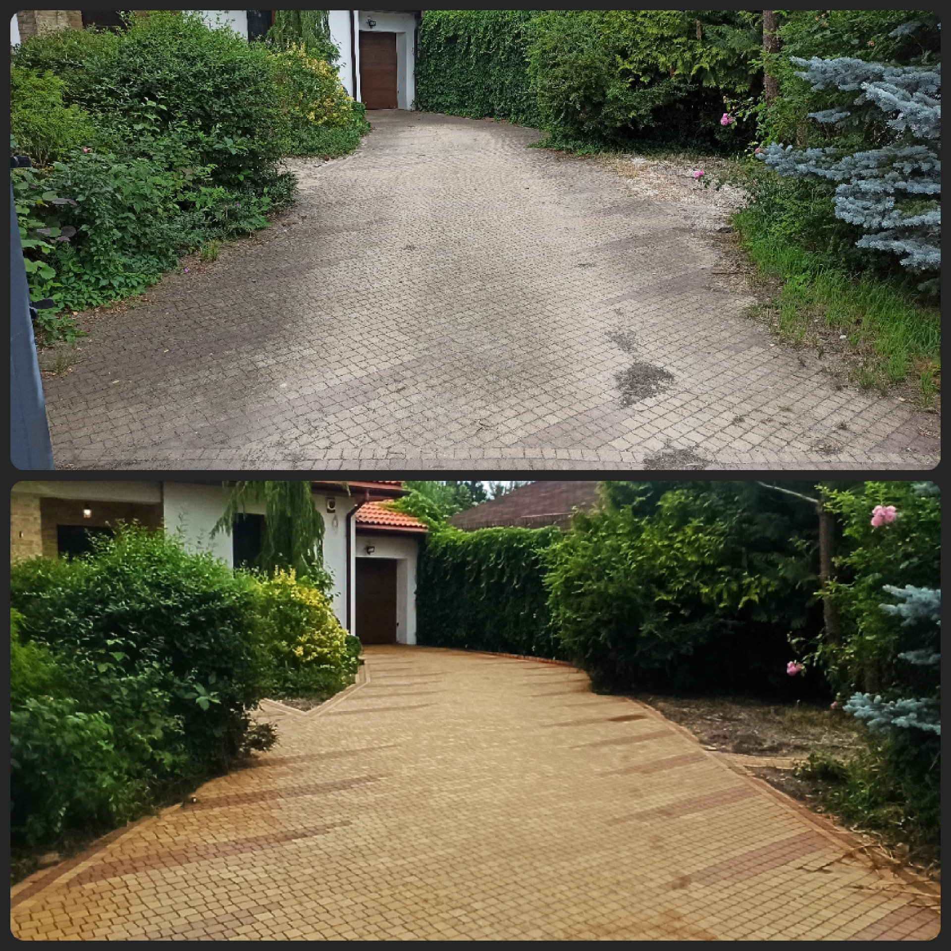 Zdjęcie 'przed i po' czyszczenia kostki brukowej na podjeździe. Górna część ukazuje zabrudzoną kostkę, dolna - czystą, w odcieniach brązu i beżu, otoczoną zielenią.