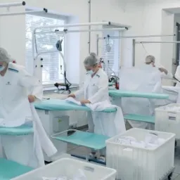 Pracownicy w białych uniformach prasują białą odzież na profesjonalnych stołach prasowalniczych w jasnej, przestronnej pralni przemysłowej.