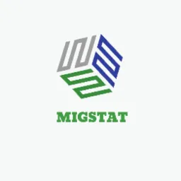 Logo firmy MIGSTAT z abstrakcyjnym sześcianem w kolorach szarym, niebieskim i zielonym, umieszczone nad nazwą firmy w kolorze zielonym.
