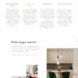 Fragment strony internetowej firmy projektującej wnętrza, prezentujący realizacje mieszkań i łazienek w różnych stylach, z logo firmy w lewym górnym rogu.