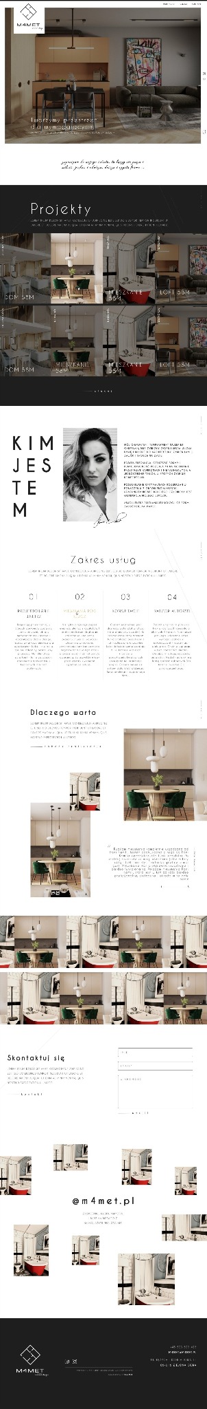 Fragment strony internetowej firmy projektującej wnętrza, prezentujący realizacje mieszkań i łazienek w różnych stylach, z logo firmy w lewym górnym rogu.