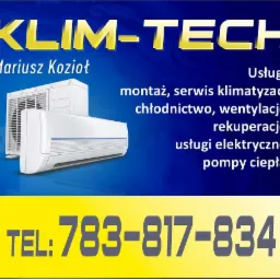Reklama firmy Klim-Tech z ofertą montażu i serwisu, prezentująca jednostkę wewnętrzną i zewnętrzną klimatyzacji oraz numer telefonu kontaktowego.