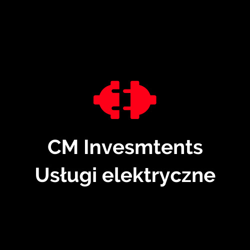 Logo firmy CM Investments oferującej usługi elektryczne, przedstawiające czerwony symbol wtyczki na czarnym tle.