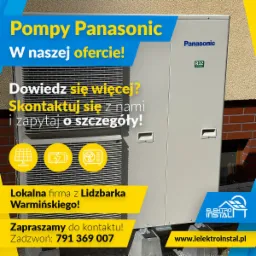 Reklama zewnętrznej jednostki pompy ciepła Panasonic z hasłami reklamowymi i danymi kontaktowymi firmy Elektro Instal z Lidzbarka Warmińskiego.